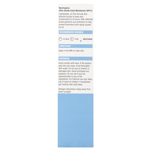 Neutrogena Ultra Gentle Daily Moisturiser SPF 15 | Glycerine based | Light Weight & Non Greasy | UVA & UVB Protection | Parabens Free | Fragrance Free | Dry & Sensitive Skin | 100ml