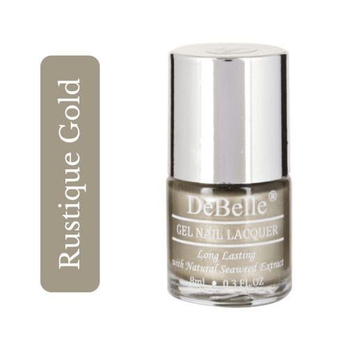DeBelle Gel Nail Polish Rustique Gold (Metallic Rust Gold Nail Paint)|Non UV - Gel Finish |Chip Resistant | Seaweed Enriched Formula| Long Lasting|Cruelty and Toxic Free| 8ml