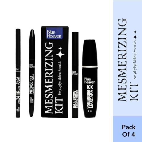 Blue Heaven Mesmerising Eye Kit Combo Pack of 4 | Kajal, Mascara, Eyeliner & Brow Definer |Long lasting, Smudge proof & Waterproof, Matte Finish for naturally fuller look, 0.6gm+9ml