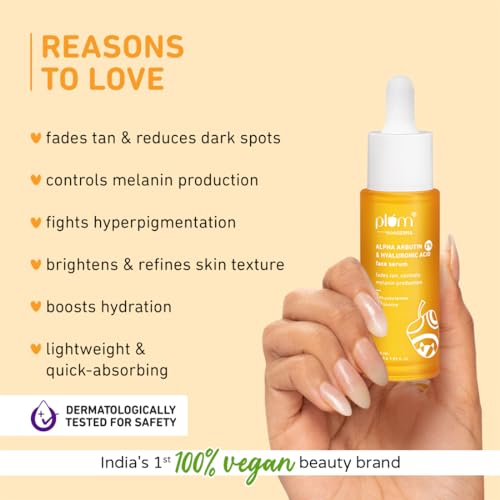 Plum 2% Alpha Arbutin & Hyaluronic Acid Face Serum | Fades Tan | Brightens Skin | Controls Melanin Production | with Yuzu Lemon & Licorice | Fragrance-Free | 100% Vegan | 30 ml