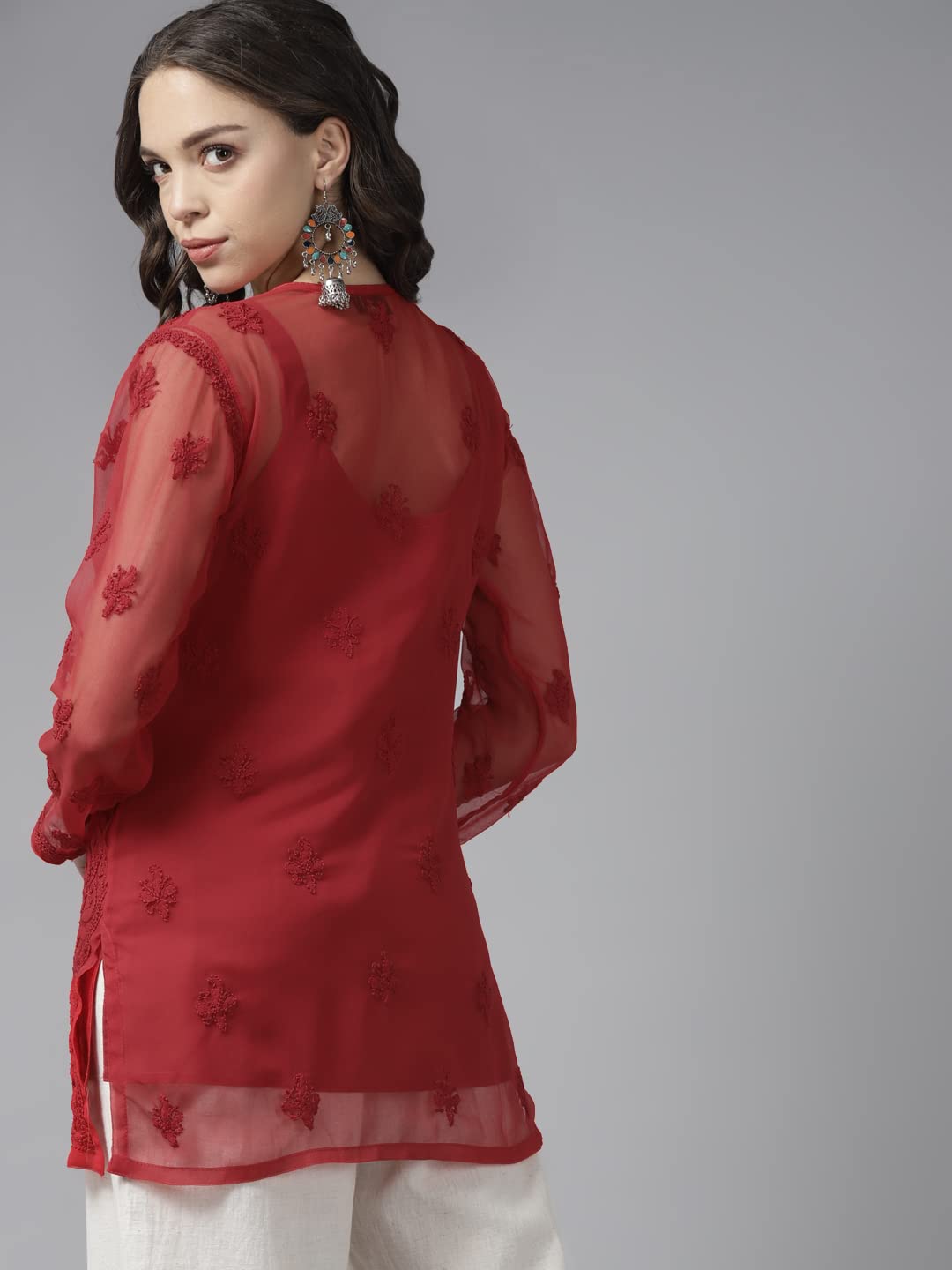 Ada Women's Hand Embroidered Lucknowi Chikankari Georgette Short Top Kurti with Slip