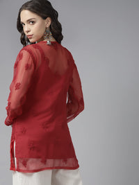 Ada Women's Hand Embroidered Lucknowi Chikankari Georgette Short Top Kurti with Slip