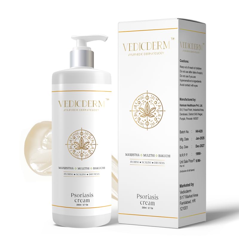 VEDICDERM Psoréa Cream with 2% Bakuchi Extract Skin Barrier Repair | Itching and Dryness Control | Natural, Chemical Free Formula for Psoriatic skin (200ml, Pack of 1)