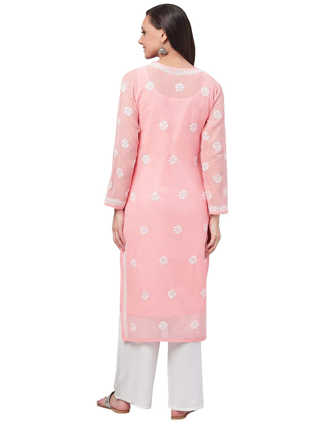 Ada Hand Embroidered Women's Georgette Lucknowi Chikankari Kurta with Slip A90397 White