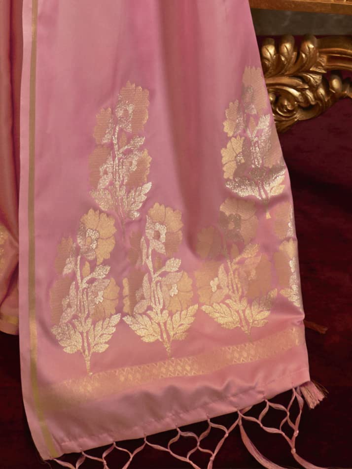 AKHILAM Women's Banarasi Pure Silk Floral Golden Zari Work Woven Design Border Saree with Unstitched Blouse Piece(KSBLE2240_Parent)