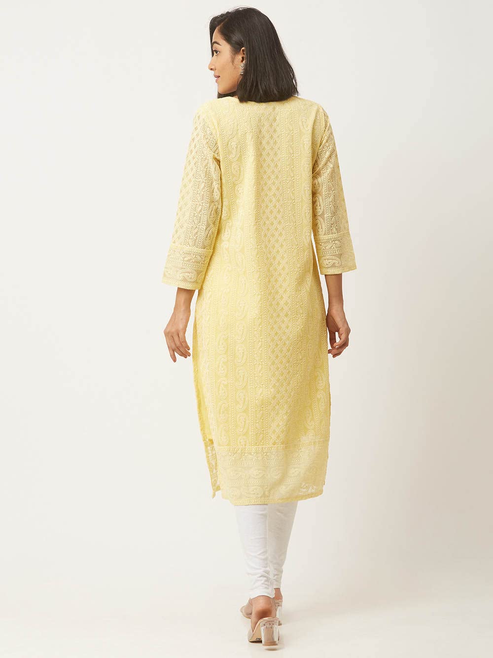 ZOLA Exclusive Georgette Round Neck with Full Sleeves and Calf Length Luckhnowi Chikan Kari Kurta with Button Placket on Yolk Ethnic Wear Straight Kurta for Women Pack of 1