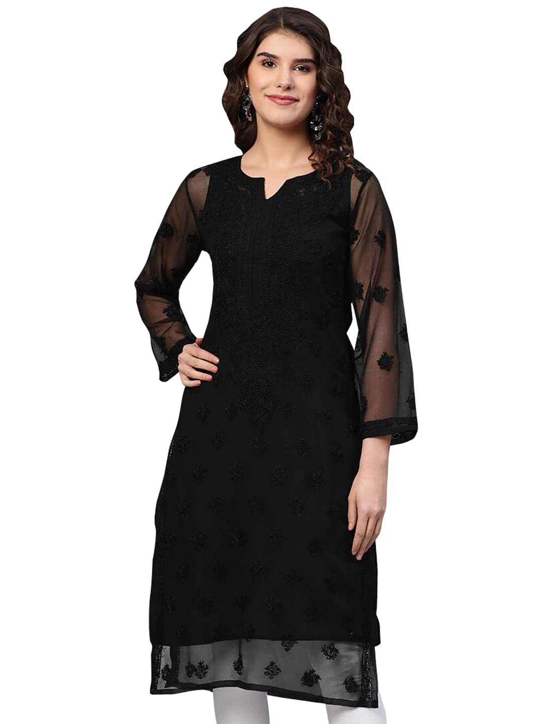 Ada Lucknowi Hand Embroidered Chikankari Women's Georgette Kurta Kurti with Slip