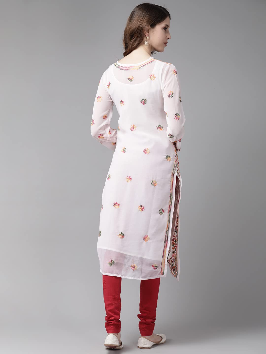 Ada Hand Embroidered Women's Georgette Lucknowi Chikankari Kurta with Slip A90397 White
