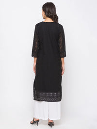 ZOLA Exclusive Georgette Round Neck with 3/4Th Sleeves and Calf Length Luckhnowi Chikan Kari Kurta with Button Placket On Yolk Ethnic Wear Straight Kurta for Women