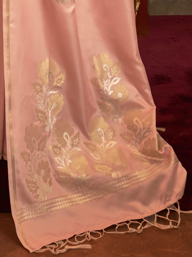AKHILAM Women's Banarasi Pure Silk Floral Golden Zari Work Woven Design Border Saree with Unstitched Blouse Piece(KSBLE2240_Parent)