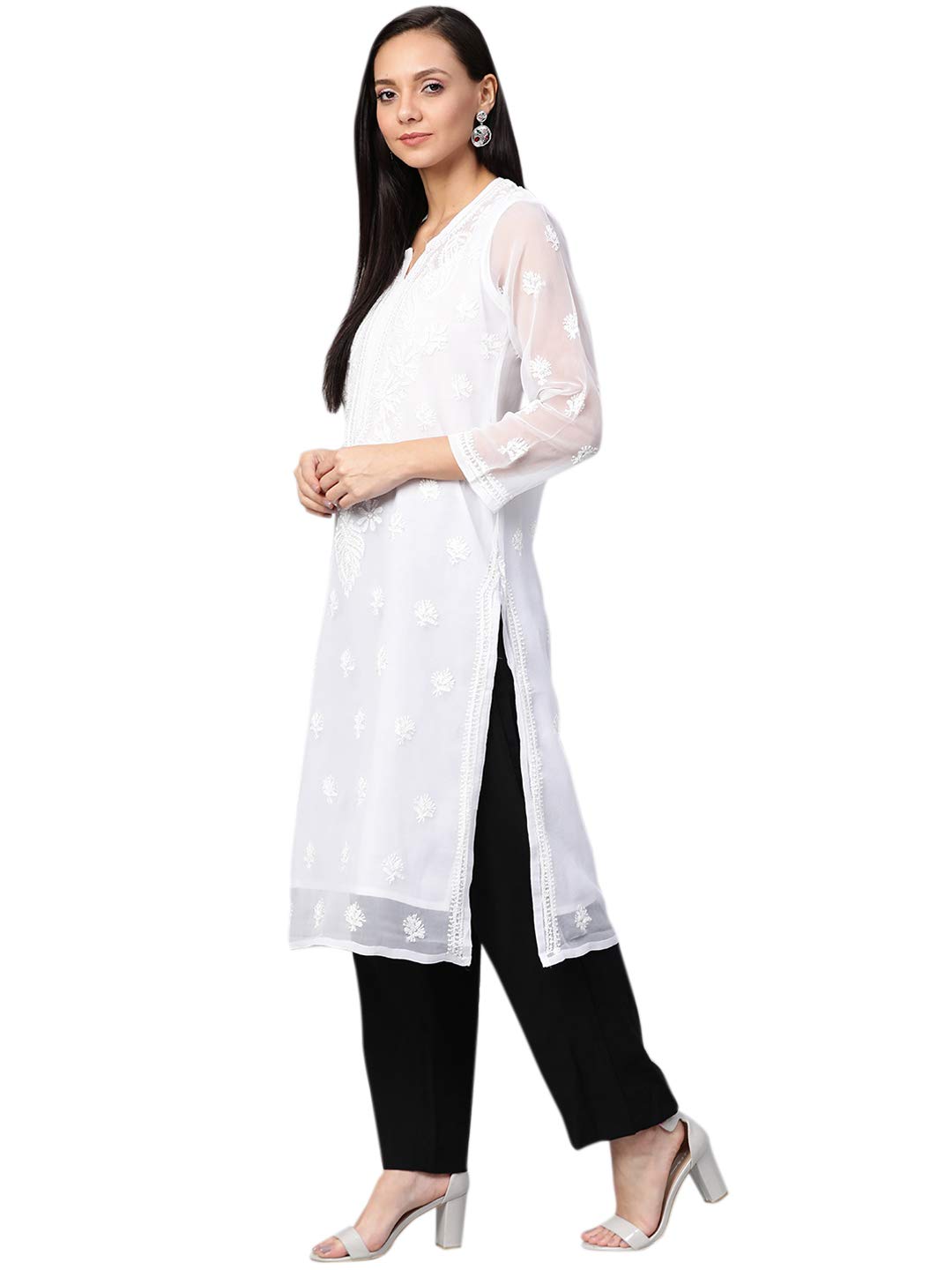 Ada Lucknowi Hand Embroidered Chikankari Women's Georgette Kurta Kurti with Slip