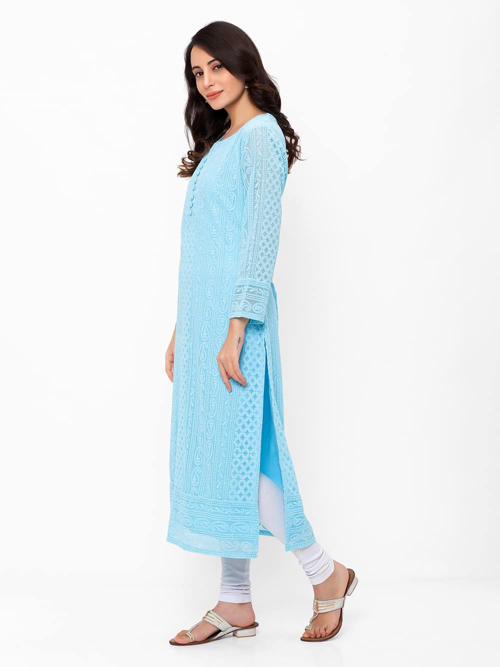 ZOLA Exclusive Georgette Round Neck with Full Sleeves and Calf Length Luckhnowi Chikan Kari Kurta with Button Placket on Yolk Ethnic Wear Straight Kurta for Women Pack of 1