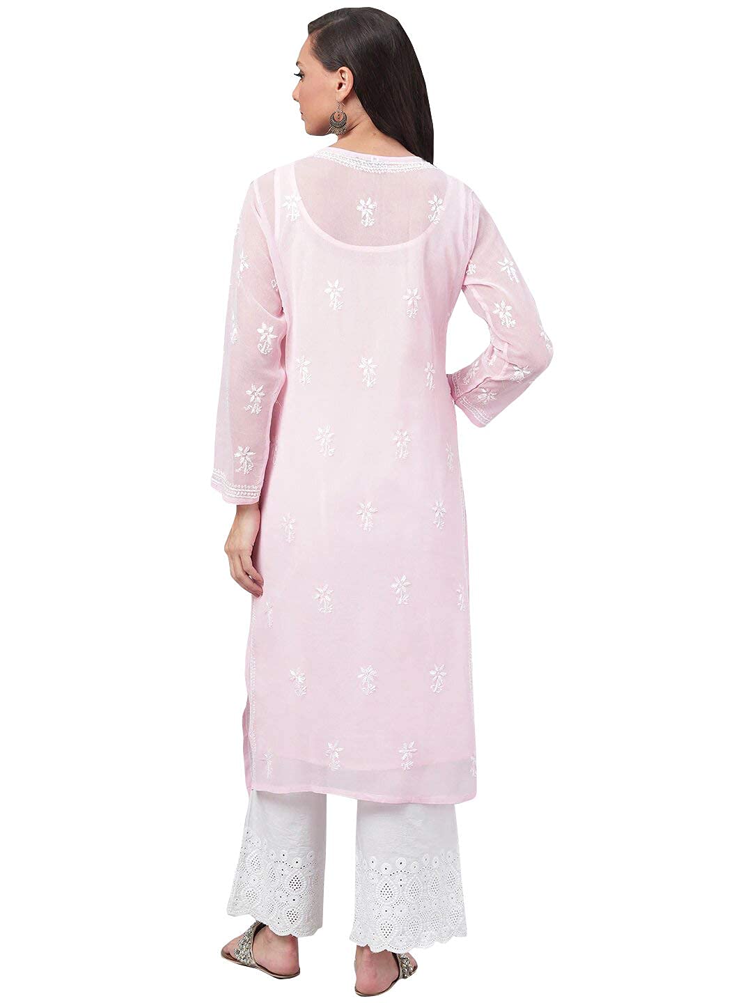 Ada Hand Embroidered Women's Georgette Lucknowi Chikankari Kurta with Slip A90397 White