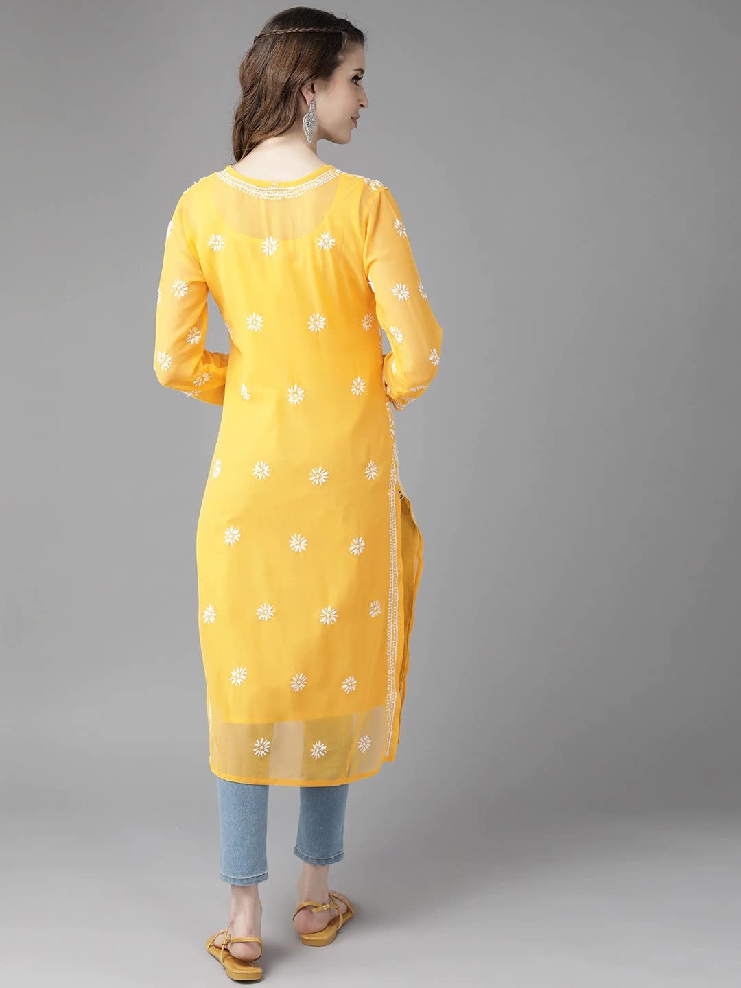 Ada Hand Embroidered Women's Georgette Lucknowi Chikankari Kurta with Slip A90397 White