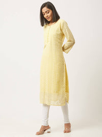 ZOLA Exclusive Georgette Round Neck with Full Sleeves and Calf Length Luckhnowi Chikan Kari Kurta with Button Placket on Yolk Ethnic Wear Straight Kurta for Women Pack of 1