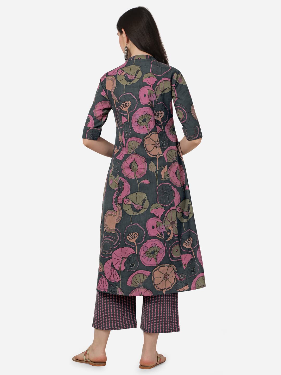 MIRCHI FASHION Women's Cotton Bagru Printed A-Line Kurta Set with Plazzo Pant L Grey, Pink
