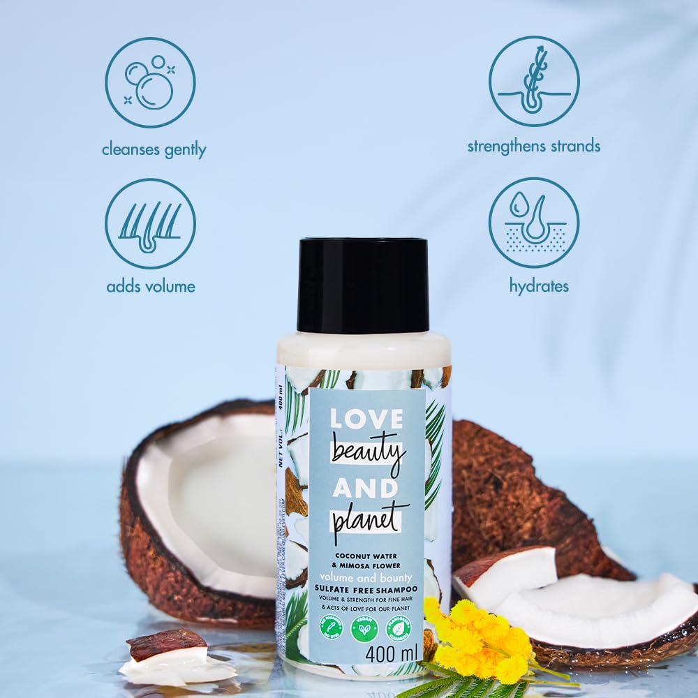 Love Beauty & Planet Coconut Water and Mimosa Flower Sulfate Free Volume and Bounty Shampoo|| No Parabens|| No Dyes|| 100% Organic Coconut Oil|| 200ml