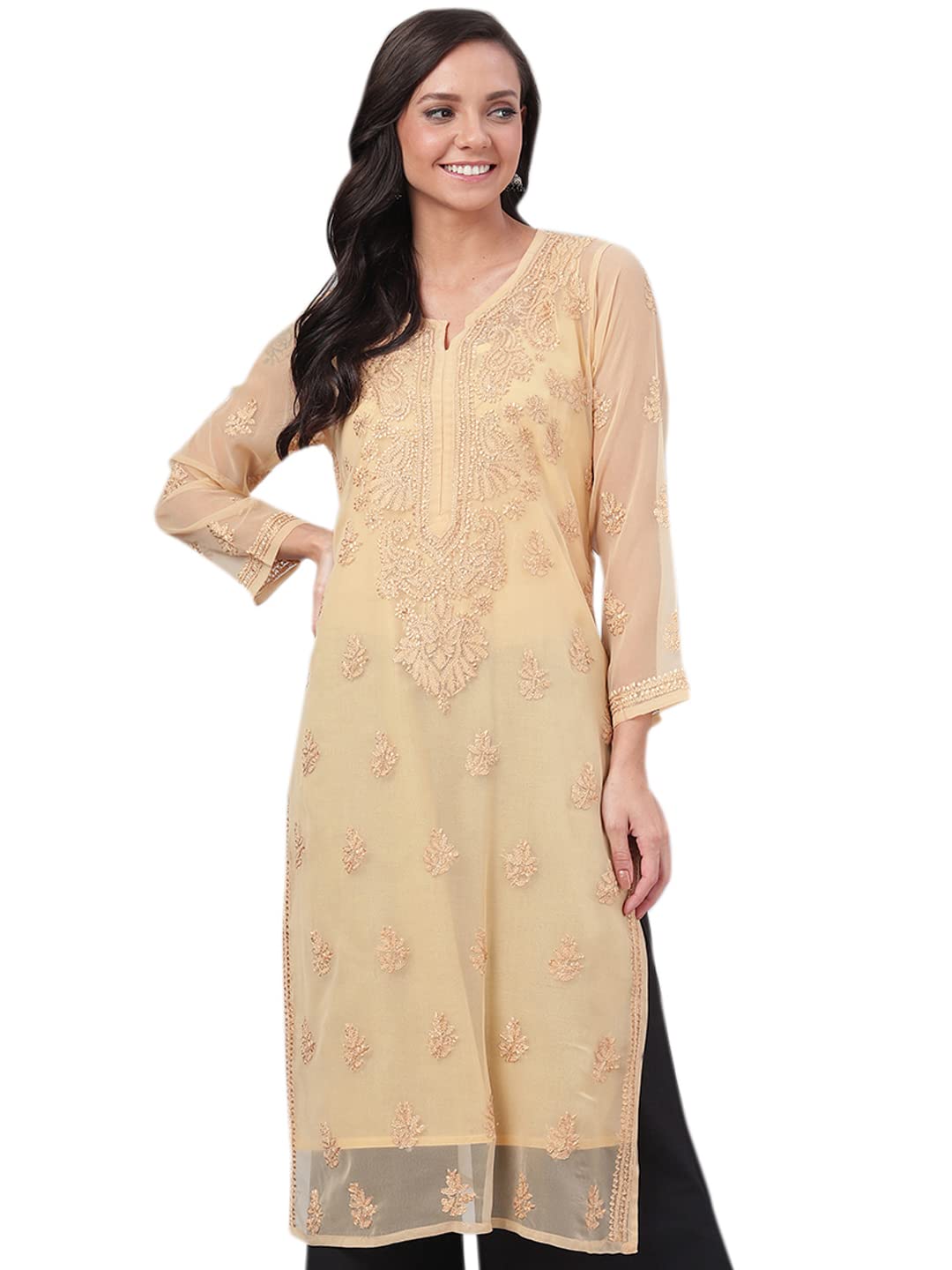 Ada Lucknowi Hand Embroidered Chikankari Women's Georgette Kurta Kurti with Slip