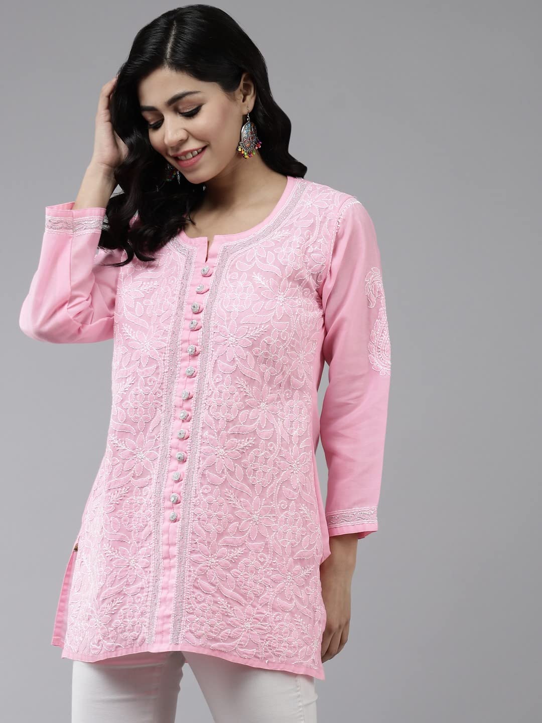 Ada Women's Hand Embroidered Lucknowi Chikankari Cotton Straight Short Top Kurti A178625