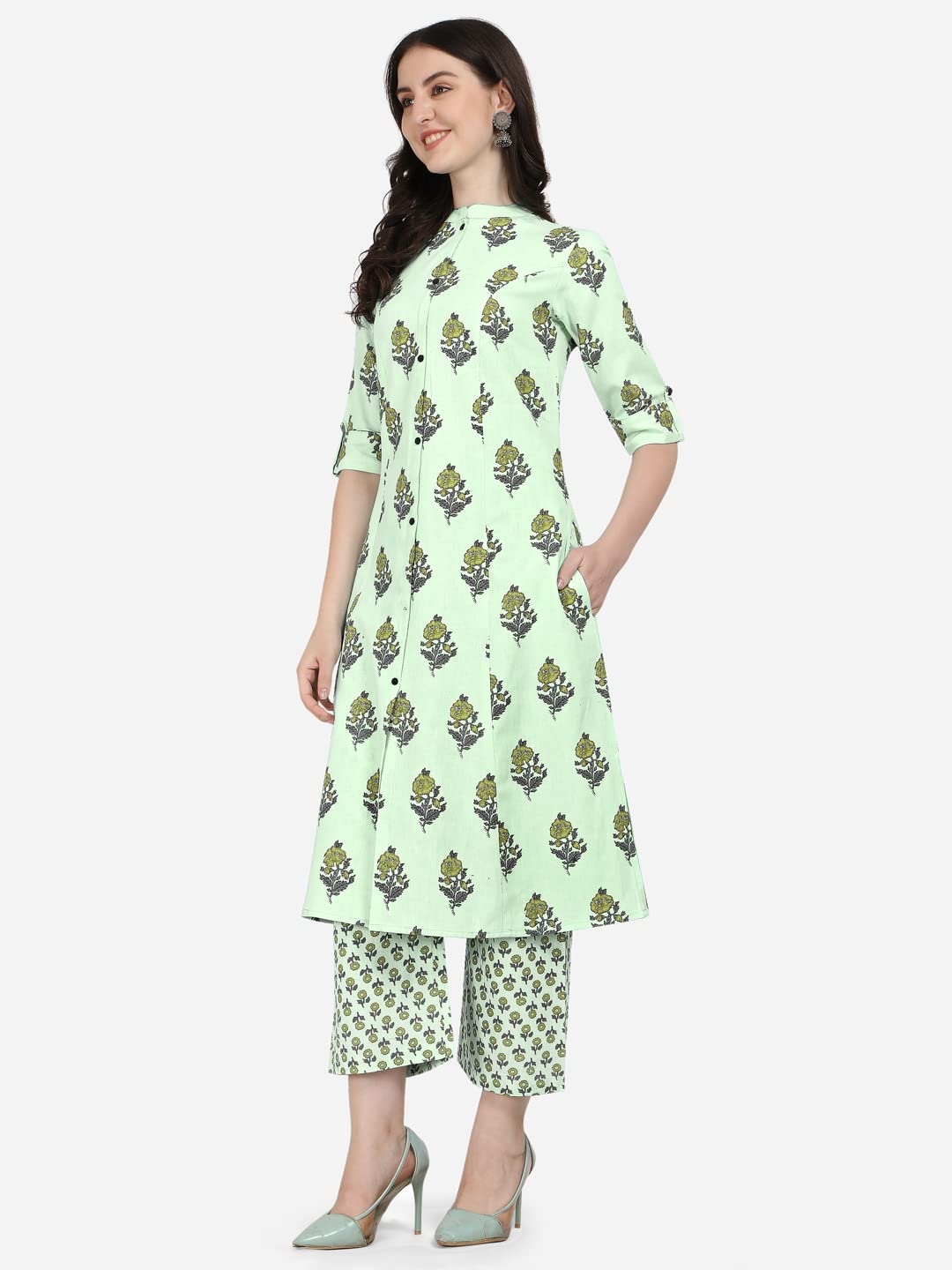 MIRCHI FASHION Women's Cotton Bagru Printed A-Line Kurta Set with Plazzo Pant L Grey, Pink