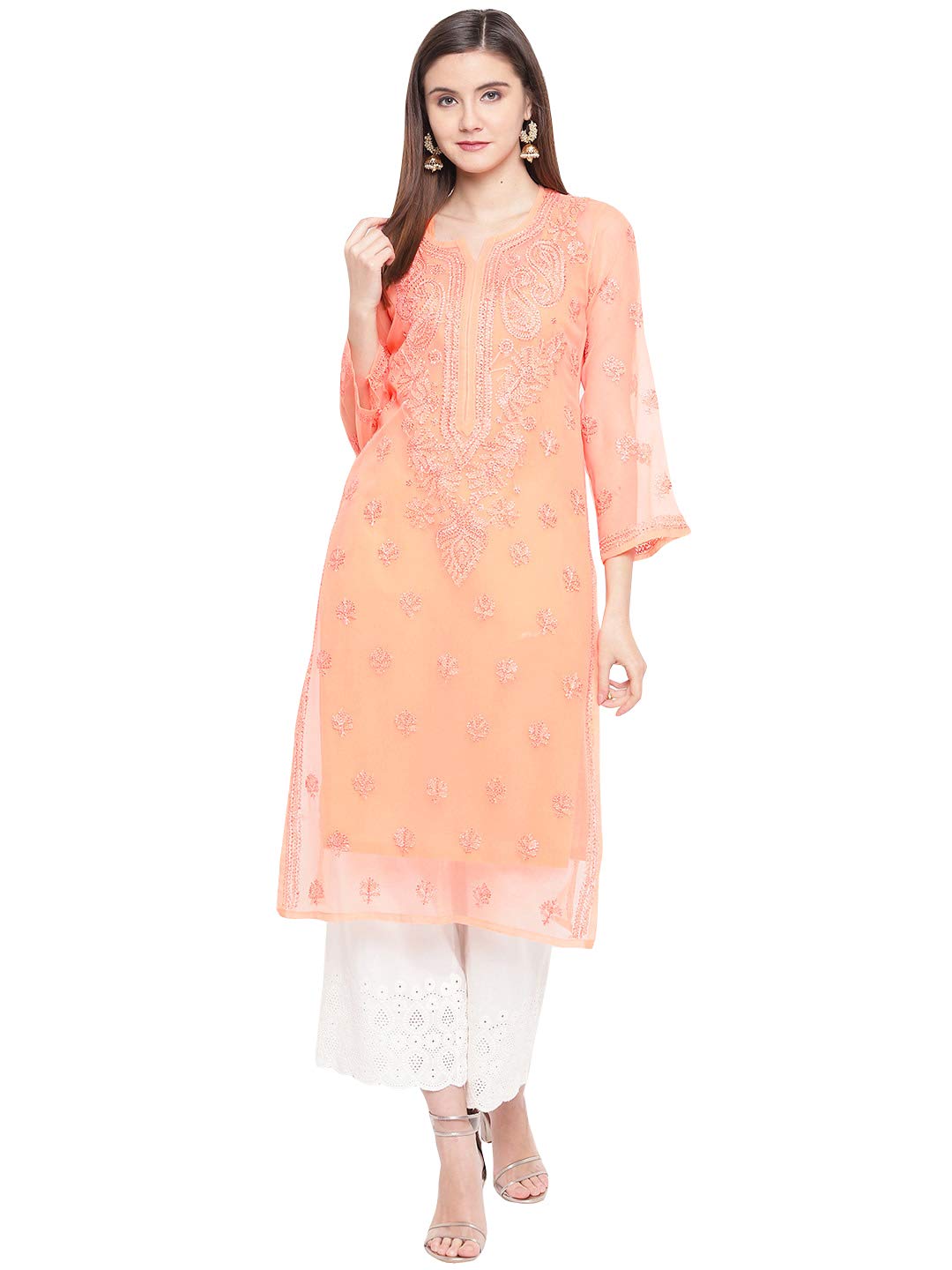 Ada Lucknowi Hand Embroidered Chikankari Women's Georgette Kurta Kurti with Slip