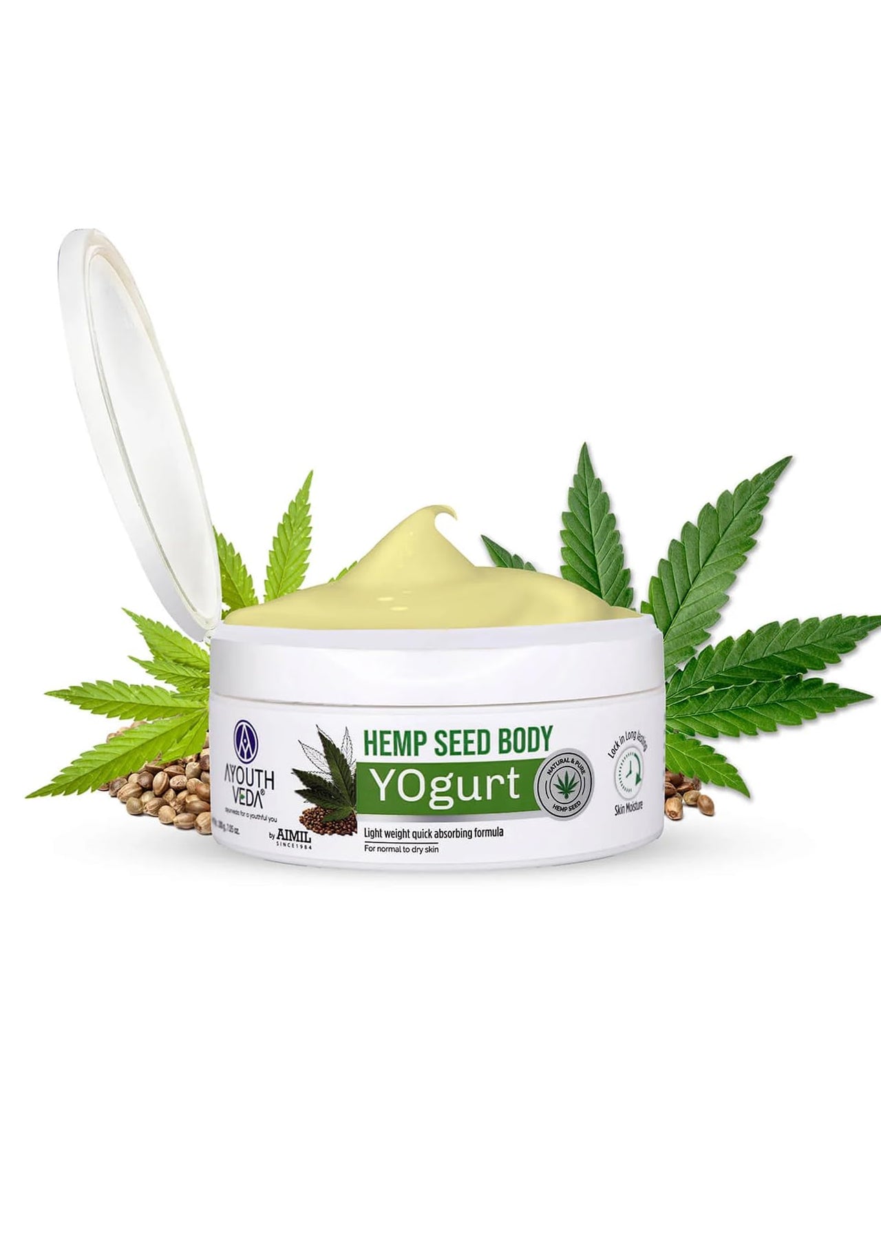 Aimil Ayouthveda Hemp Seed Body Yogurt for All Skin Types | Light Weighted & Quick Absorbing Moisturizer | Non-greasy Formula | Keeps Skin Hydrated & Nourished | Long lasting Hydration (200g)