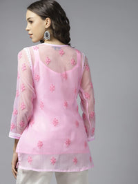 Ada Women's Hand Embroidered Lucknowi Chikankari Georgette Short Top Kurti with Slip