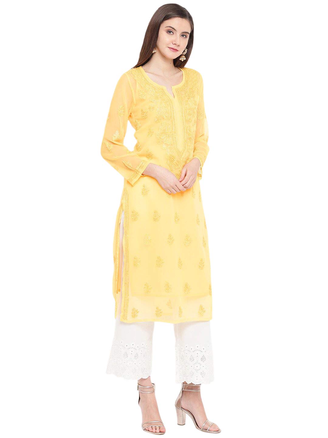 Ada Lucknowi Hand Embroidered Chikankari Women's Georgette Kurta Kurti with Slip