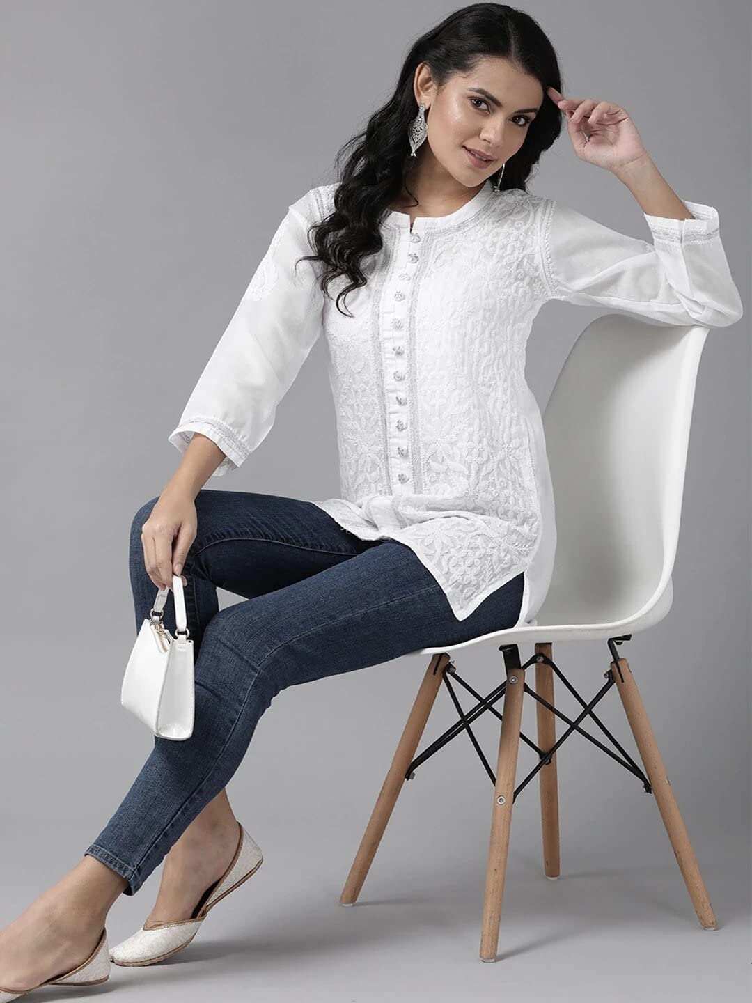 Ada Women's Hand Embroidered Lucknowi Chikankari Cotton Straight Short Top Kurti A178625