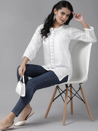 Ada Women's Hand Embroidered Lucknowi Chikankari Cotton Straight Short Top Kurti A178625