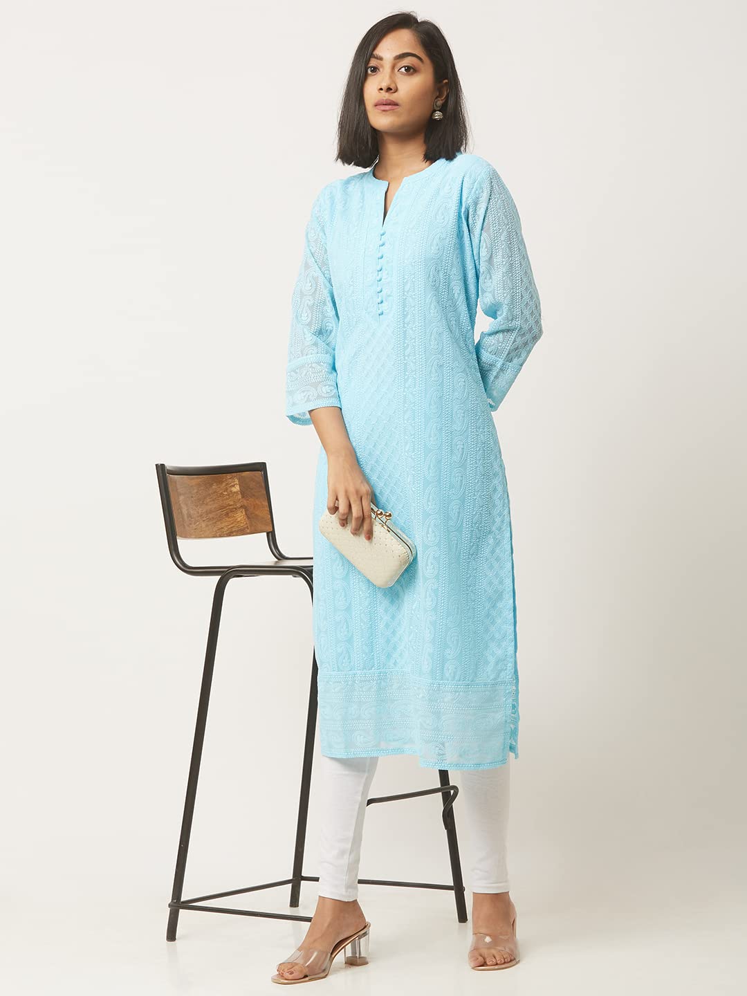 ZOLA Exclusive Georgette V Neck with 3/4th Sleeves and Calf Length Lucknowi Chikankari Ethnic Wear Straight Kurta for Women Pack of 1