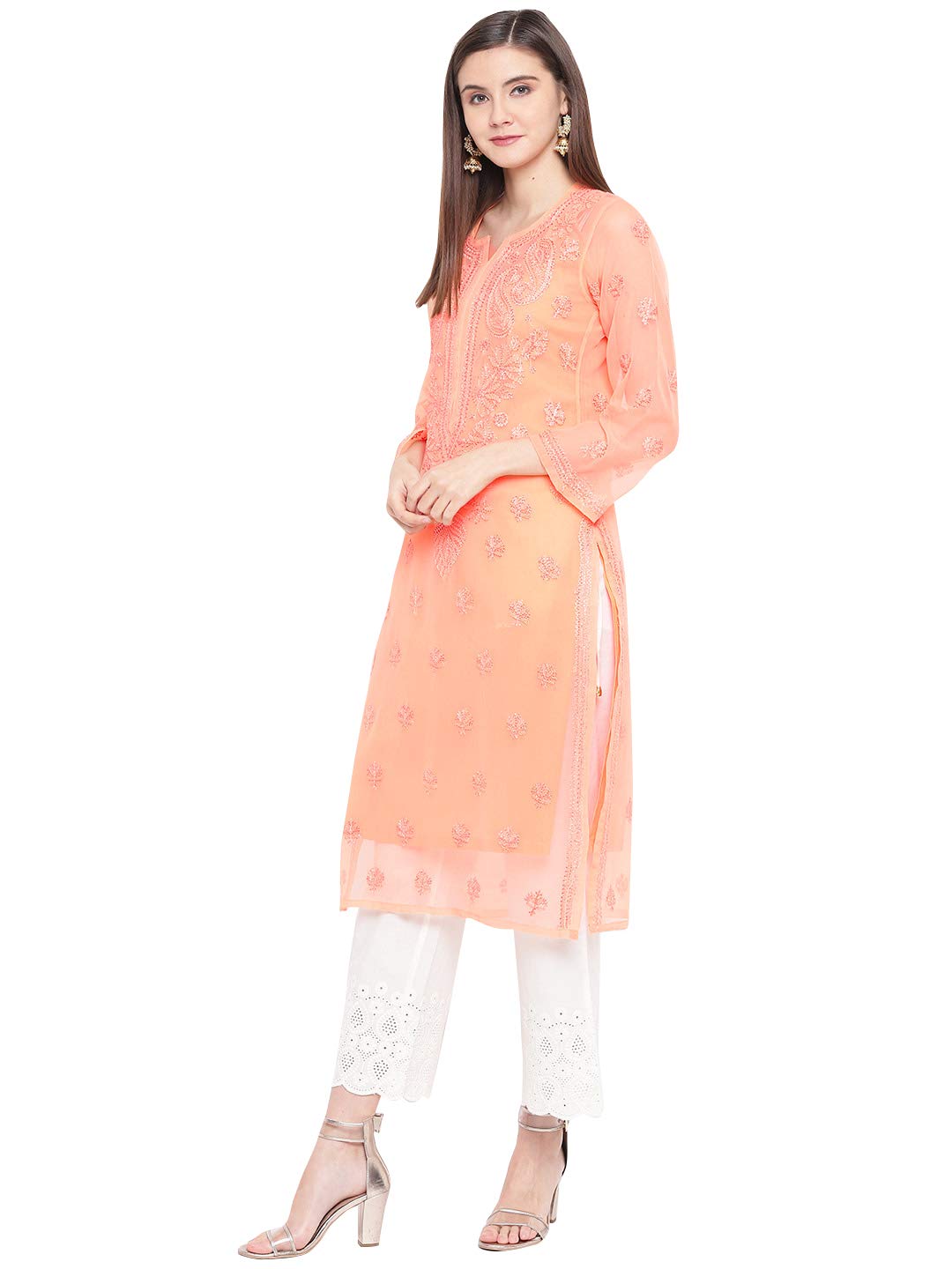 Ada Lucknowi Hand Embroidered Chikankari Women's Georgette Kurta Kurti with Slip