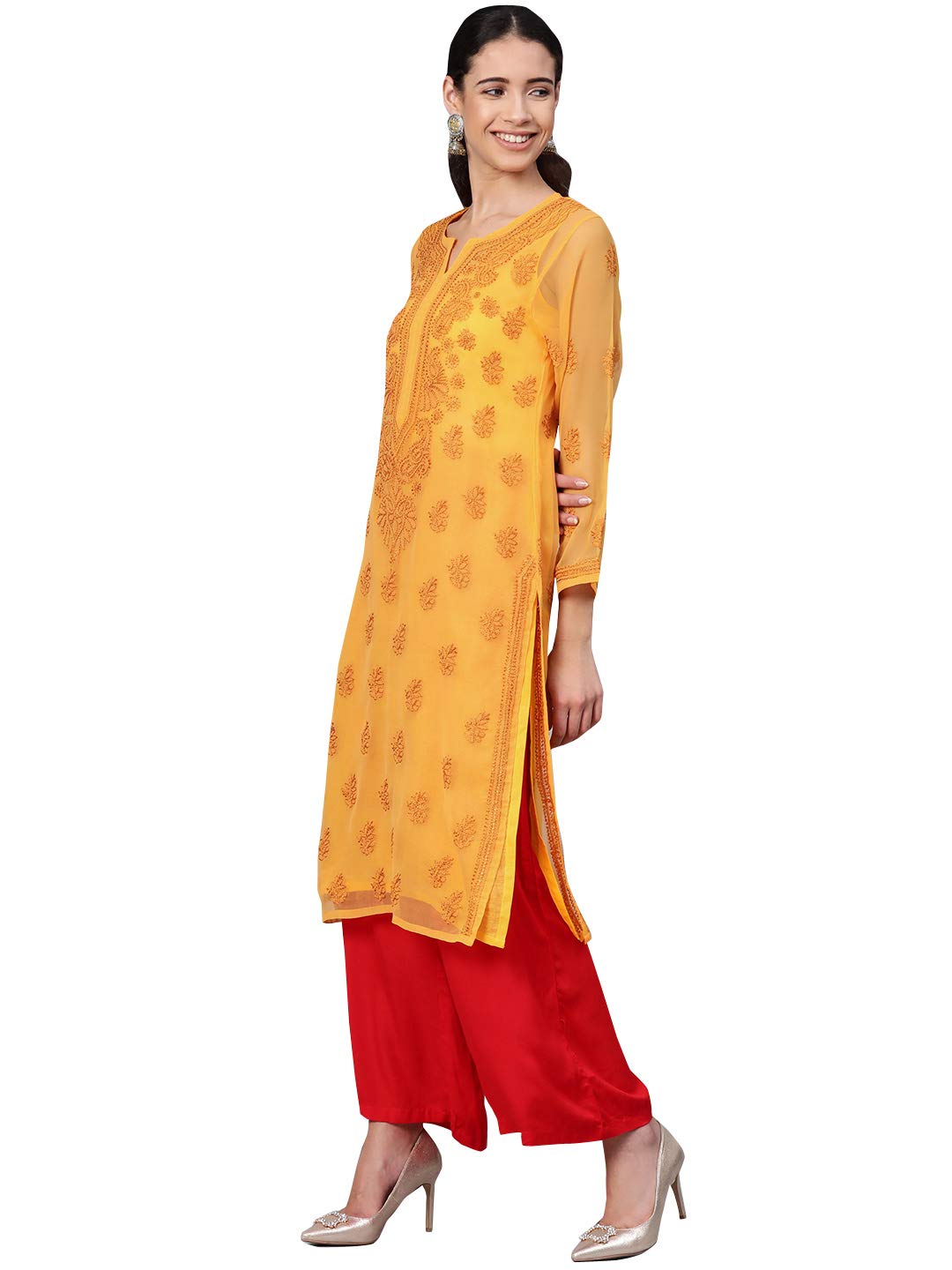 Ada Lucknowi Hand Embroidered Chikankari Women's Georgette Kurta Kurti with Slip
