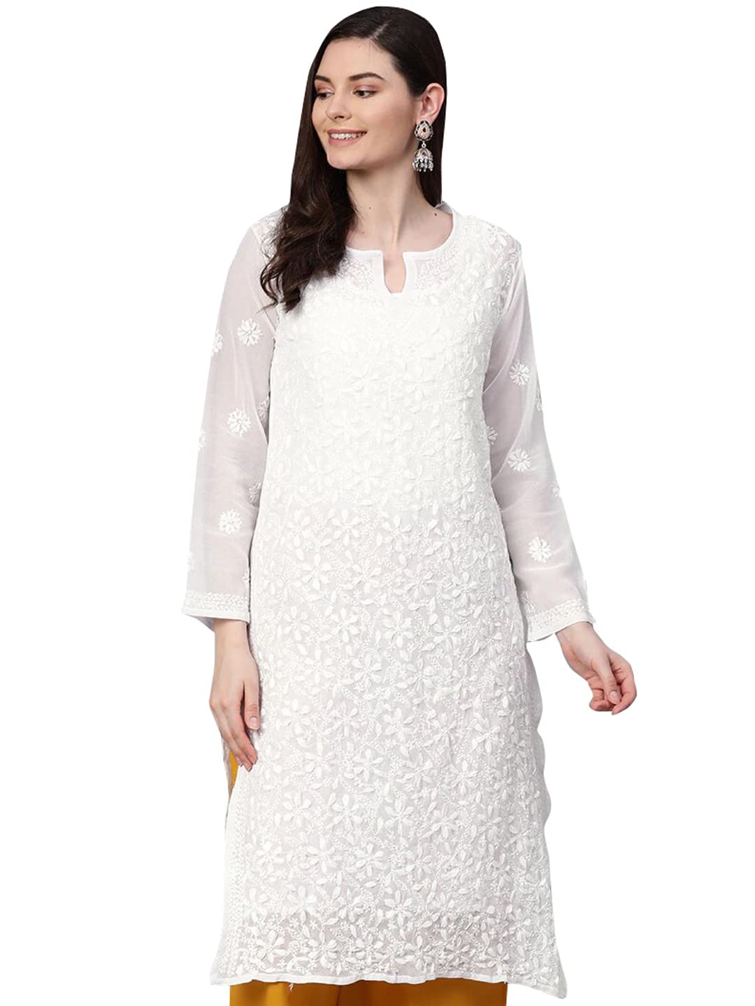 Ada Hand Embroidered Women's Georgette Lucknowi Chikankari Kurta with Slip A90397 White
