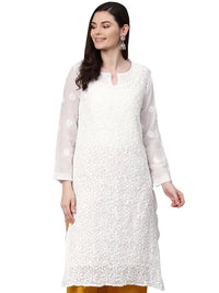 Ada Hand Embroidered Women's Georgette Lucknowi Chikankari Kurta with Slip A90397 White