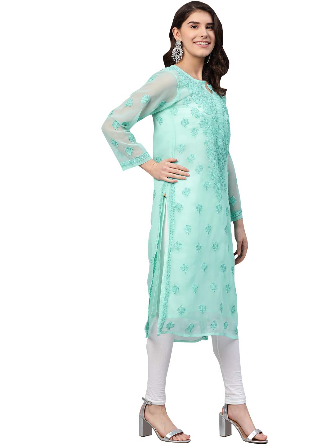 Ada Lucknowi Hand Embroidered Chikankari Women's Georgette Kurta Kurti with Slip