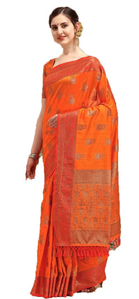 NK Textiles Women's Elephant Motifs Woven Kanjivaram Ghicha Tussar Silk Saree with Fancy Tassels