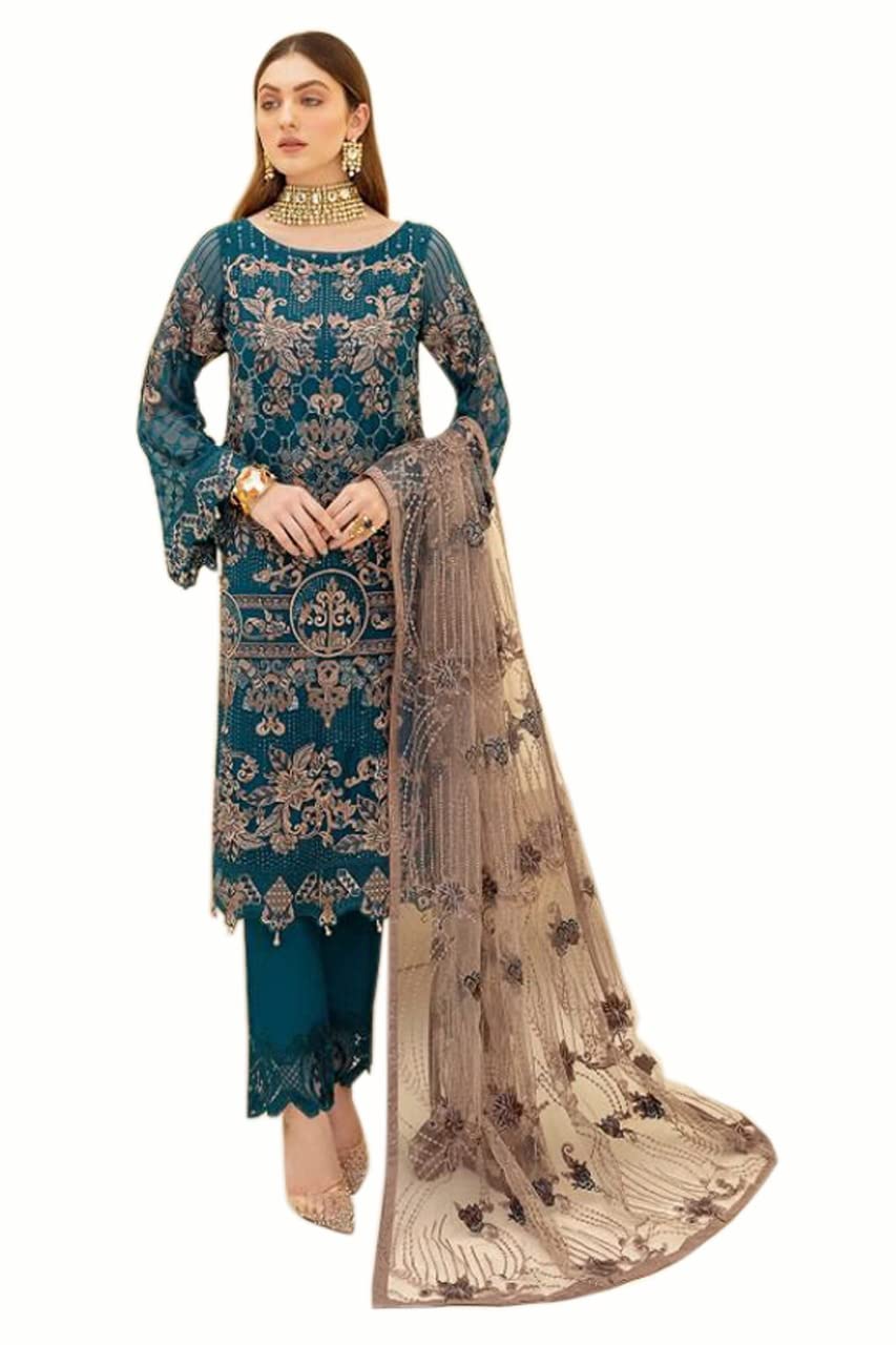Miss Ethnik Women's Faux Georgette Semi Stitched Top With Unstitched Santoon Bottom and Net Dupatta Embroidered Straight Top Dress Material (Pakistani Salwar Suit)