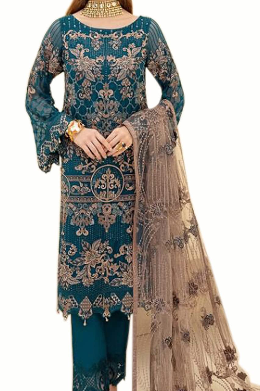 Miss Ethnik Women's Faux Georgette Semi Stitched Top With Unstitched Santoon Bottom and Net Dupatta Embroidered Straight Top Dress Material (Pakistani Salwar Suit)