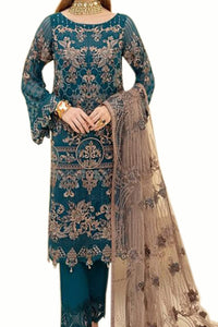 Miss Ethnik Women's Faux Georgette Semi Stitched Top With Unstitched Santoon Bottom and Net Dupatta Embroidered Straight Top Dress Material (Pakistani Salwar Suit)
