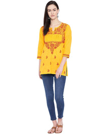 Ada Women's Cotton Top Hand Embroidered Lucknowi Chikankari Tunic Kurti