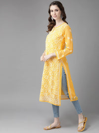 Ada Hand Embroidered Women's Georgette Lucknowi Chikankari Kurta with Slip A90397 White