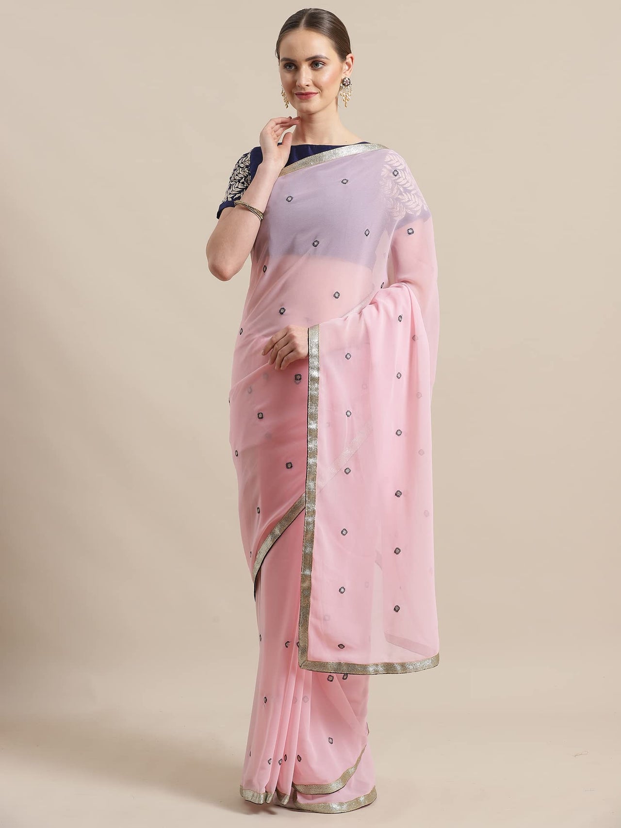 AKHILAM Women's Organza Net Embroidered Saree With Blouse Piece