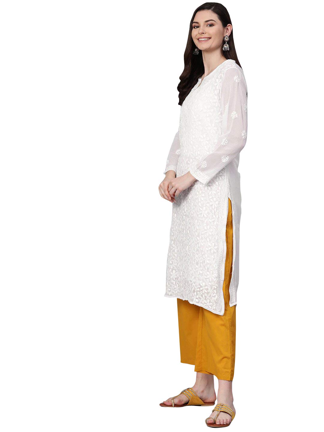 Ada Hand Embroidered Women's Georgette Lucknowi Chikankari Kurta with Slip A90397 White