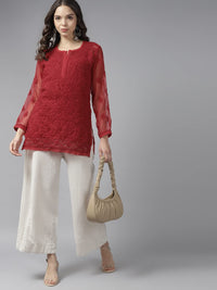 Ada Women's Hand Embroidered Lucknowi Chikankari Georgette Short Top Kurti with Slip
