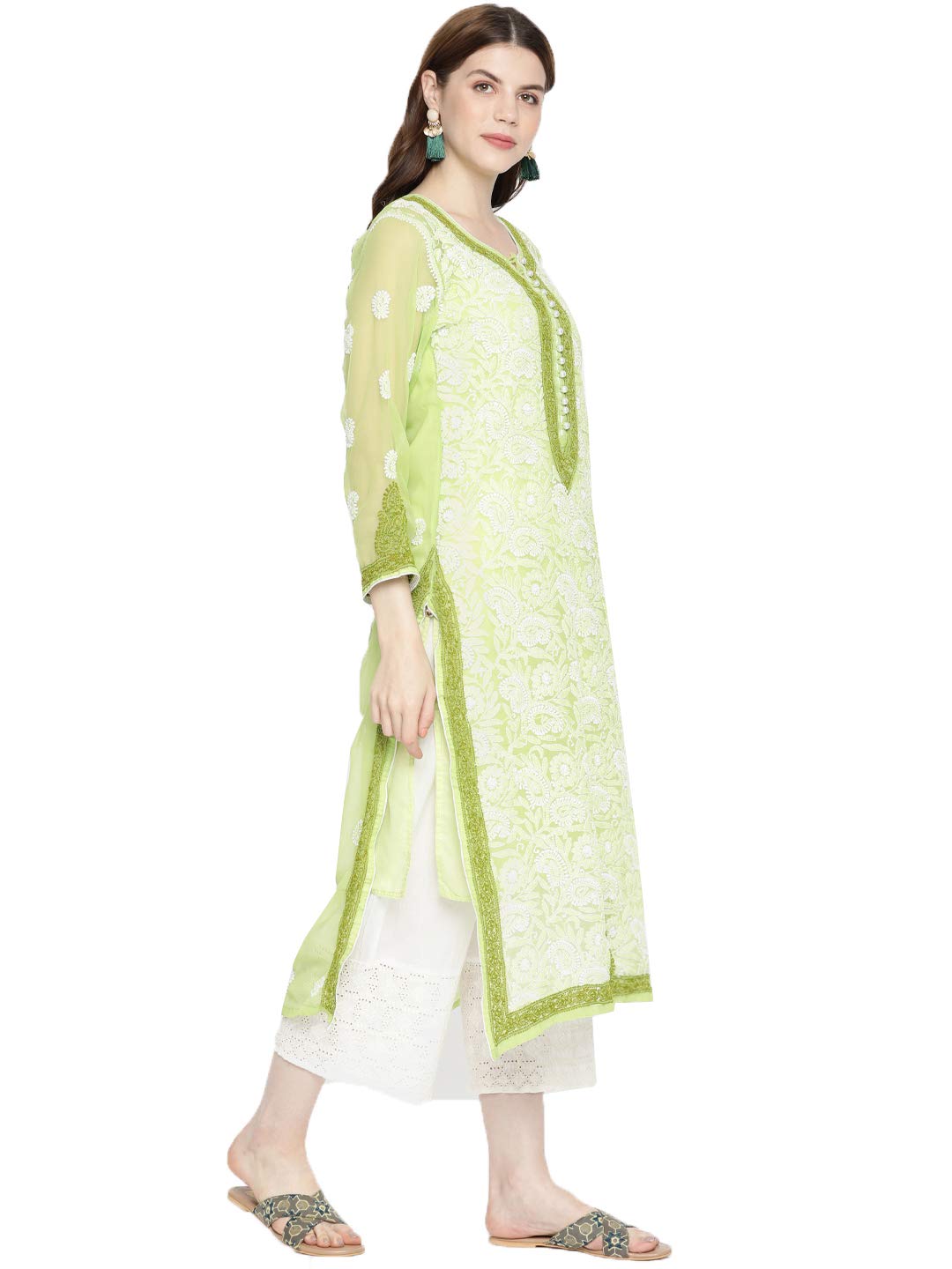 Ada Women's Hand Embroidered Faux Georgette Lucknowi Chikankari Kurti with Slip