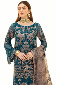Miss Ethnik Women's Faux Georgette Semi Stitched Top With Unstitched Santoon Bottom and Net Dupatta Embroidered Straight Top Dress Material (Pakistani Salwar Suit)