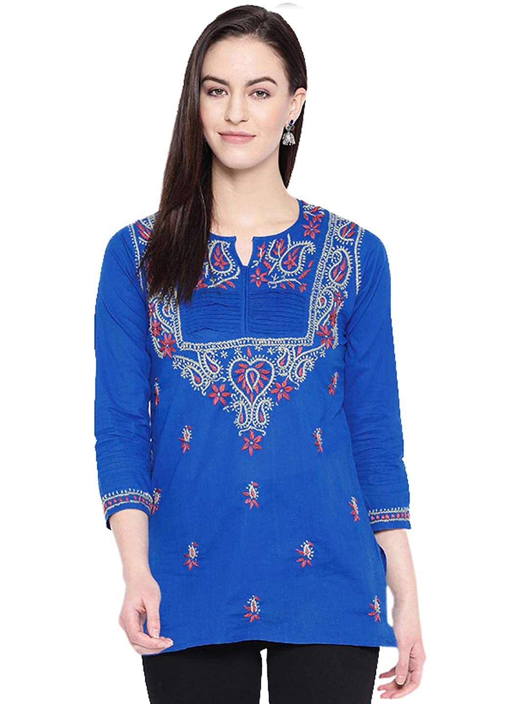 Ada Women's Cotton Top Hand Embroidered Lucknowi Chikankari Tunic Kurti