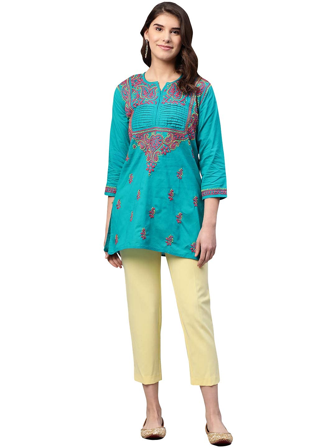 Ada Women's Cotton Top Hand Embroidered Lucknowi Chikankari Tunic Kurti