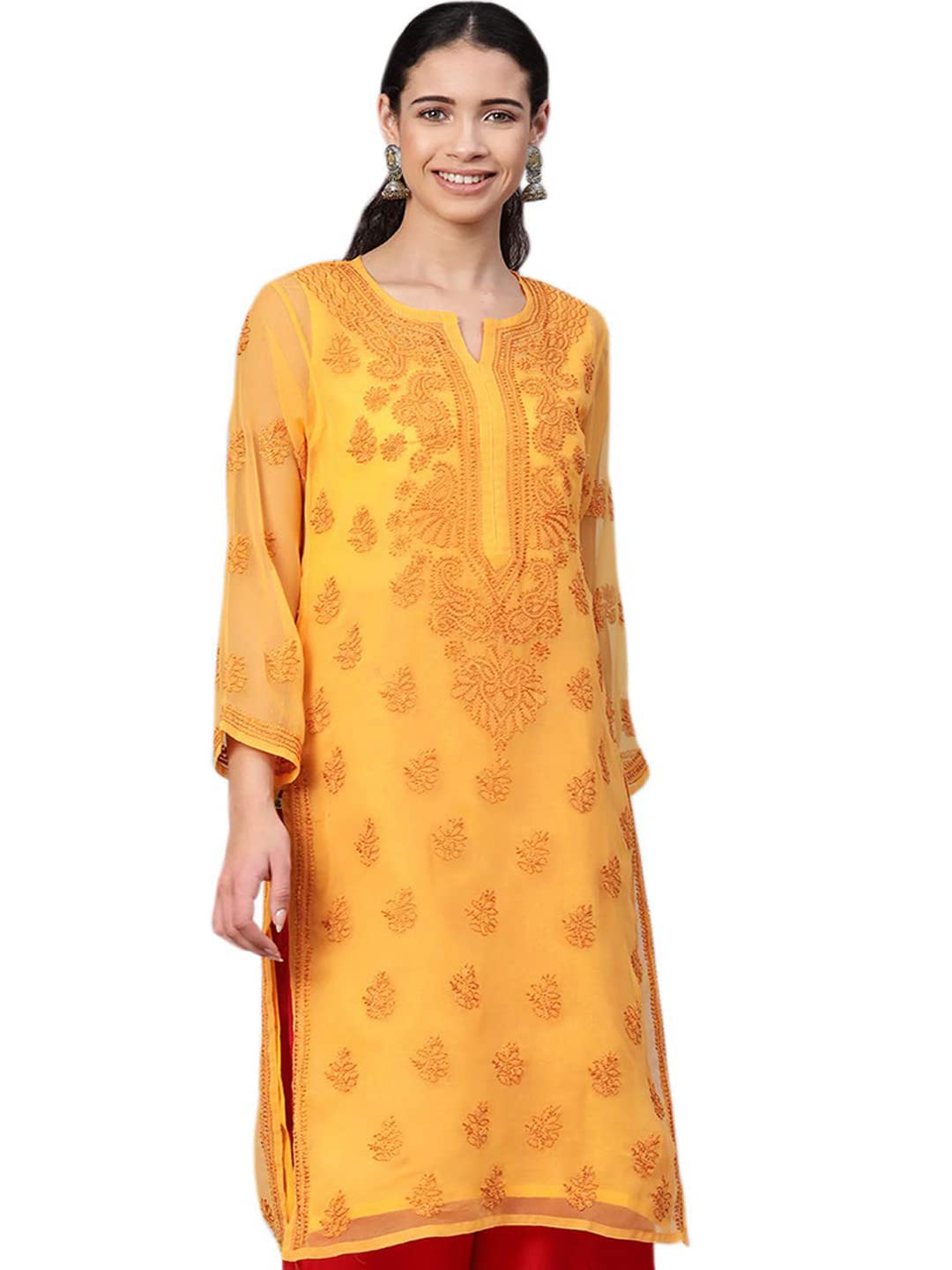 Ada Lucknowi Hand Embroidered Chikankari Women's Georgette Kurta Kurti with Slip